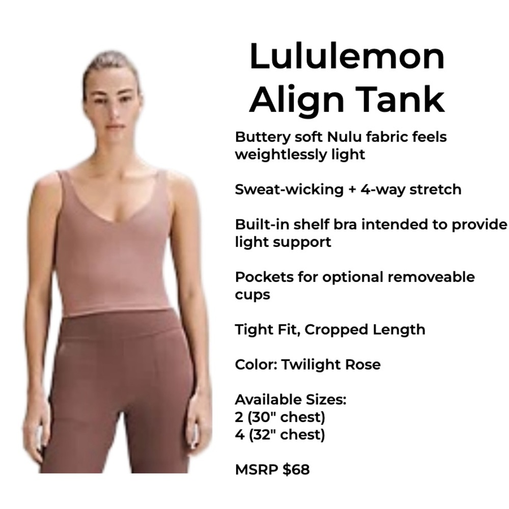 Lululemon Align Tank. NWT. Twilight Rose. Size 2 & Size 4.
